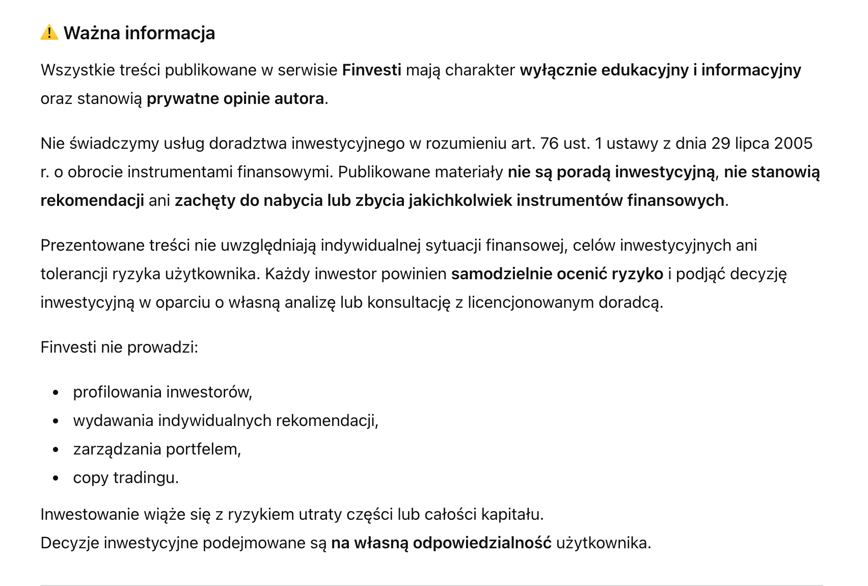 disclaimer inwestycyjny