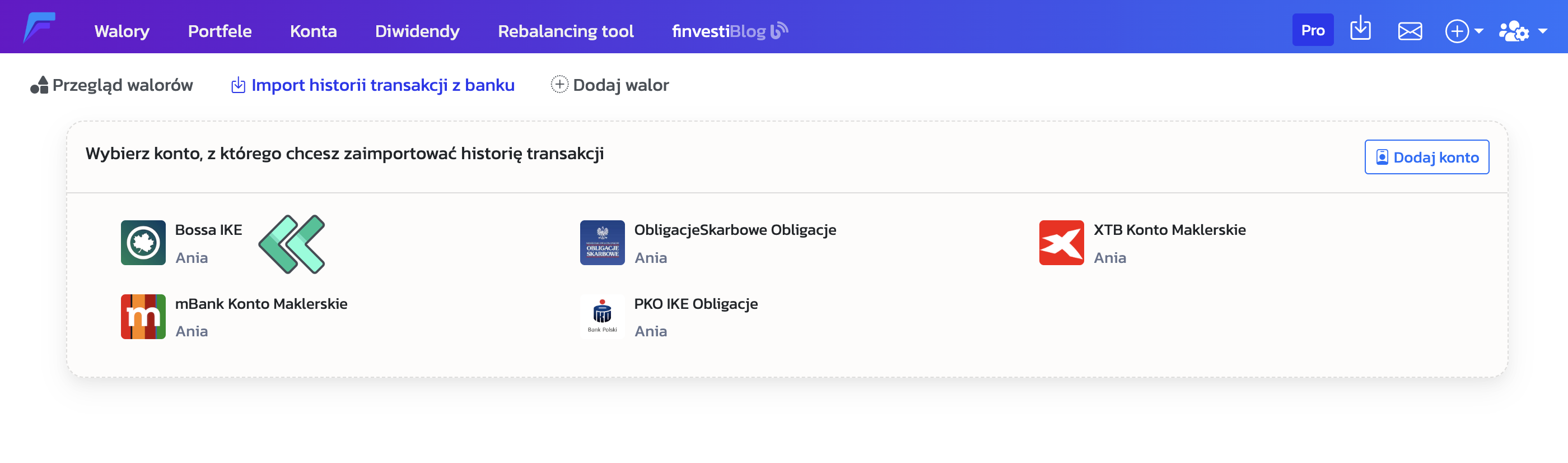 wybierz konto z którego chcesz zaimportować historię transakcji