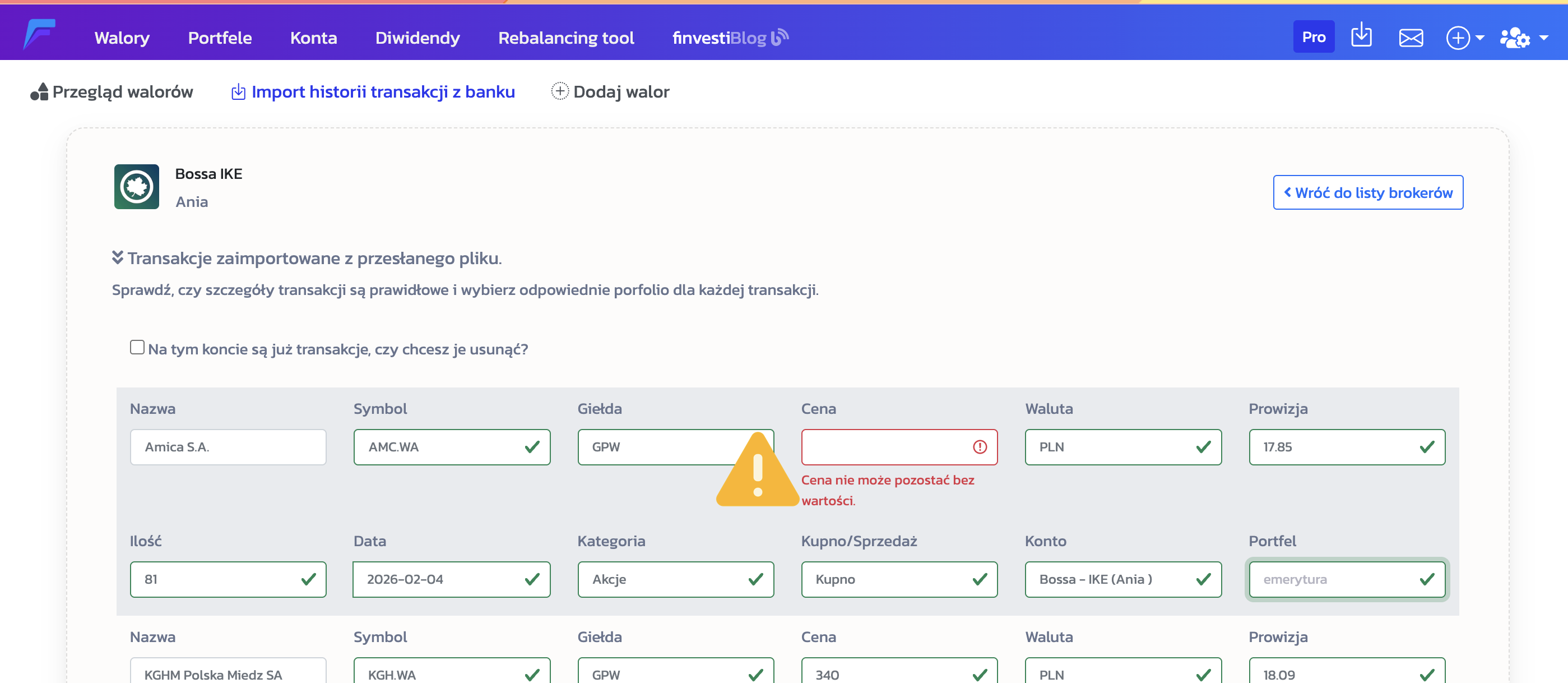 błąd podczas importu