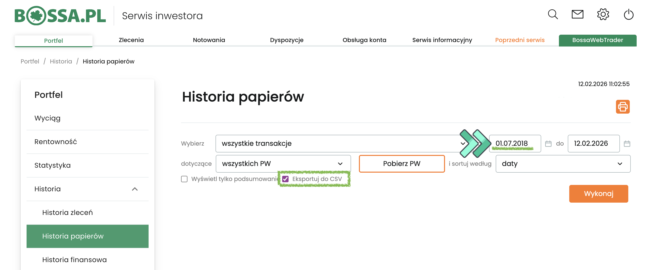 arkusz z historią transakcji bossa